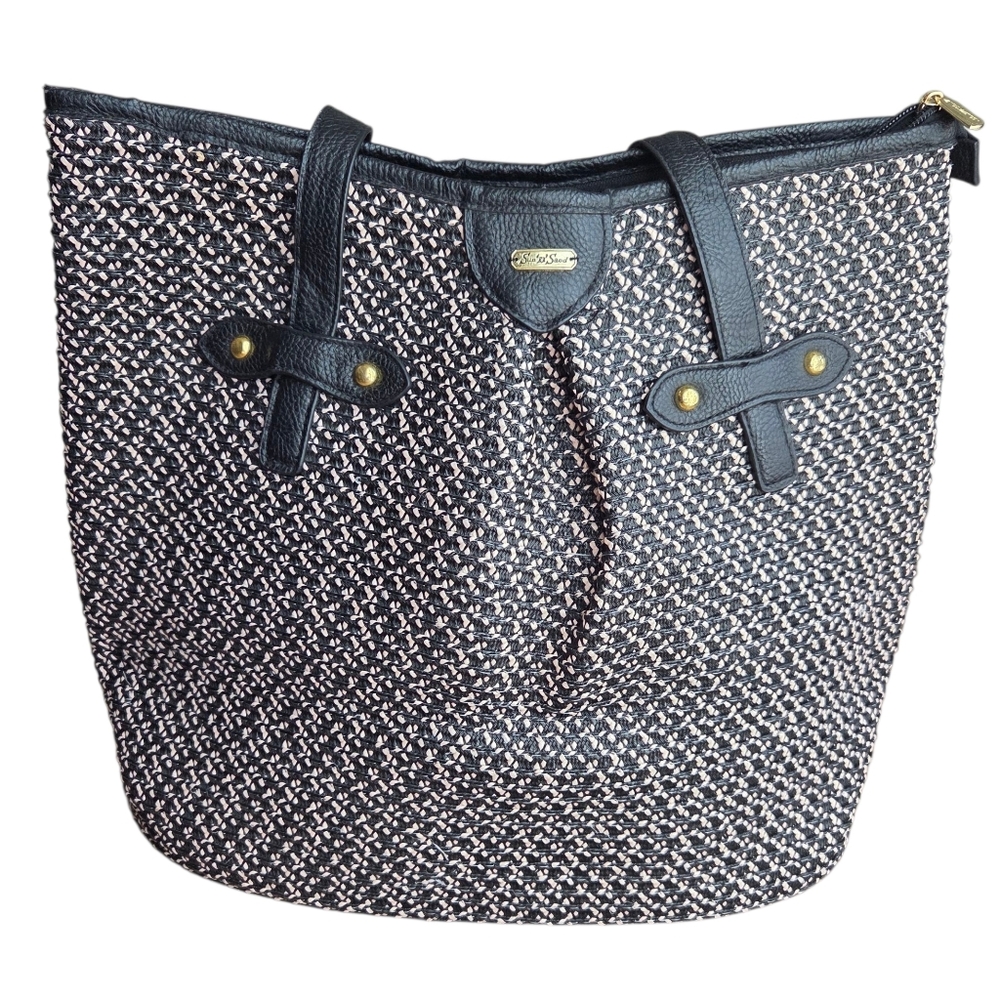 Sun N' Sand Women's Black Poly Straw Woven Shoulder Leather Strap Tote Bag NWOT